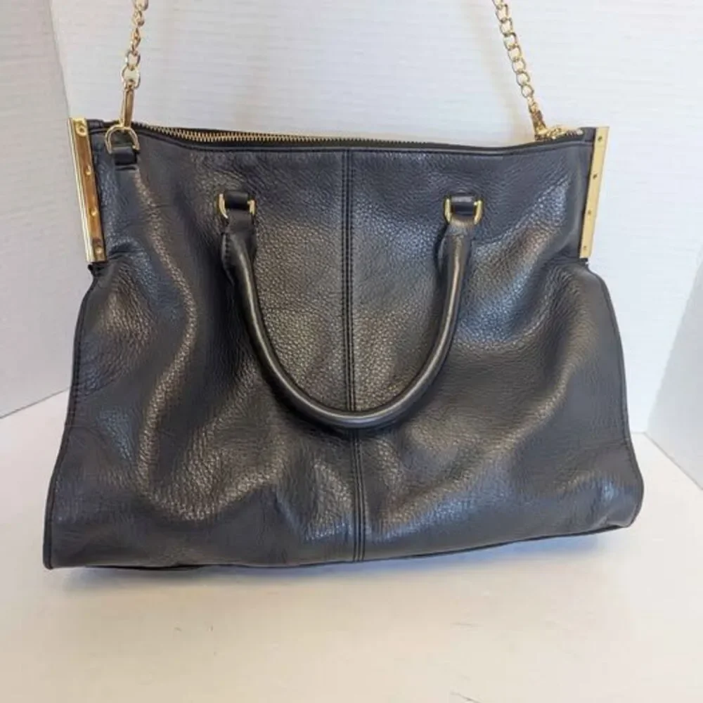 Vince Camuto Professional Black Leather Tina Satchel Handbag Purse Bag 14x10x5